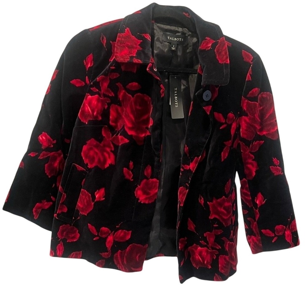 Talbots Women's Black & Red‎ Floral Velvet Blazer Jacket Event Classy New Tags